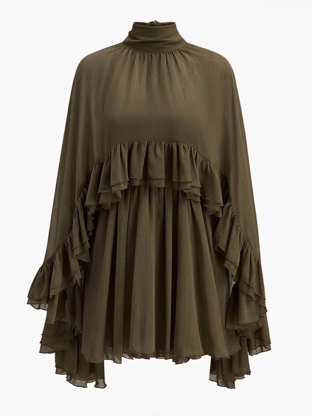 Commense Olive Green Chiffon Ruffle Dress with  Outer Cape - Dark Green - Large